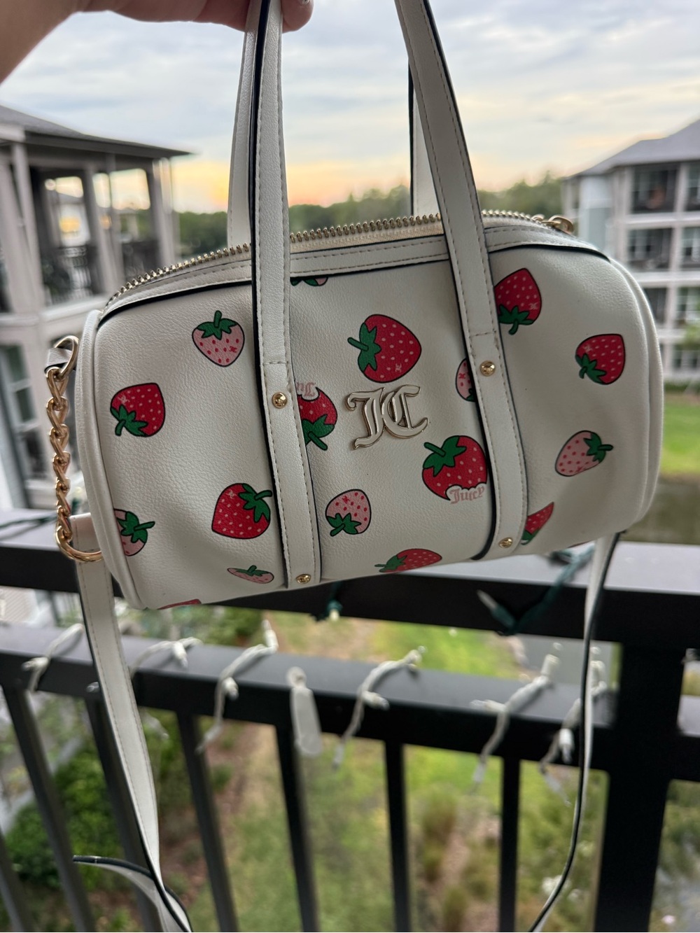 Juicy Couture White Barrel Bag with Red & Pink Strawberry Print